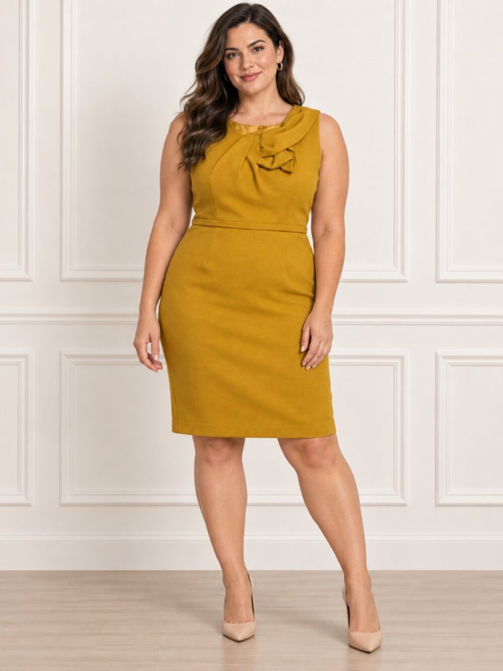 Tahari Mustard Gold Bow Neck Sheath Dress Size 14
